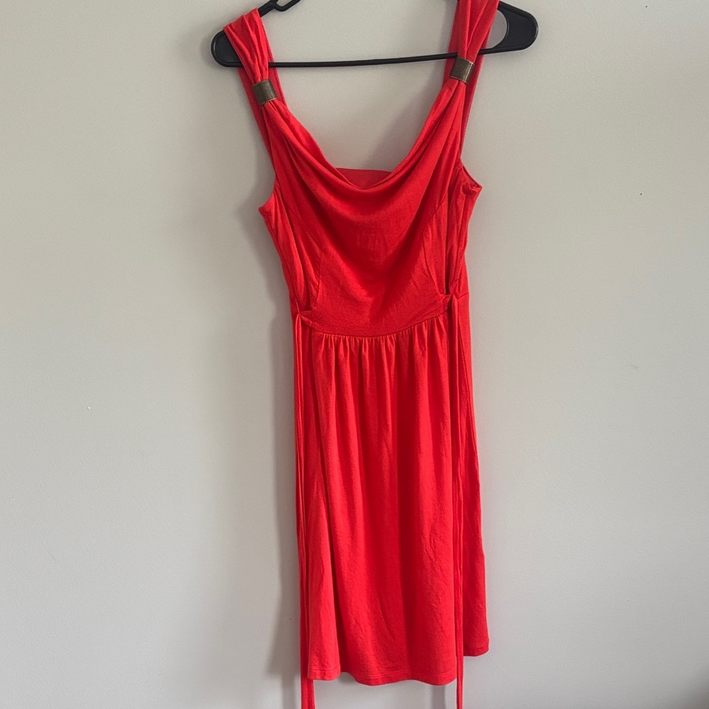 Apt 9 Grecian Style Coral Orange Sleeveless Dress with Bronze Metal Accents
